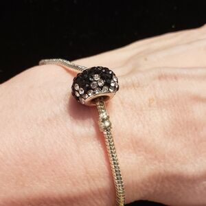 New Silver Snake Chain Bracelet W/Black & Silver Crystal Bead, Marked Pandora